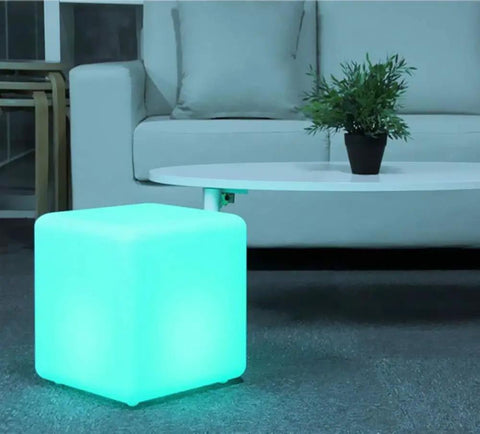 Rechargeable 12 Inch LED Light Cube Stool With Remote Control Mood Lamp Soothing Night Light glowing in living room.