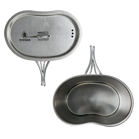 Top view of Stainless Steel Canteen Cooking Set For Survival Camping Nestable Mess Kit with closed lid and folded handles.