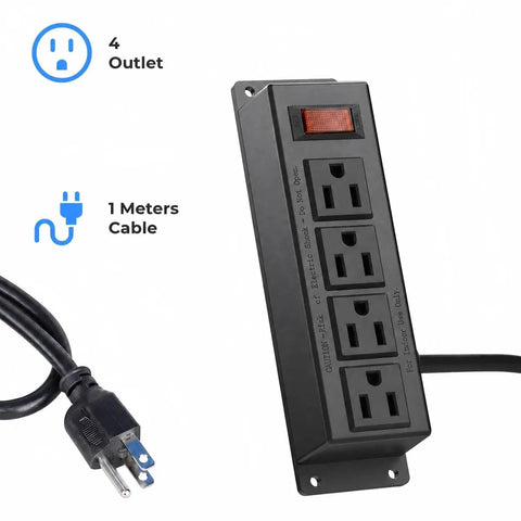 Under Desk Wall Mount Power Strip With 4 Outlets And Switch, 3 Ft Flat Plug Cord, Mountable, Black, Easy Install, Visible switch and cord