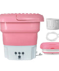 On The Go Portable Mini Foldable Washing Machine With Spin Dryer For Camping, RV And Travel, Easy To Carry Pink displayed open and closed