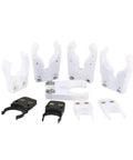Rock Solid Shop Grade CNC Spindle Tool Holder And Chuck Clamp With Hardened Alloy Steel Lock For High Speed Roughing And Precision Finishing On Any Machine, various sizes in white and black.