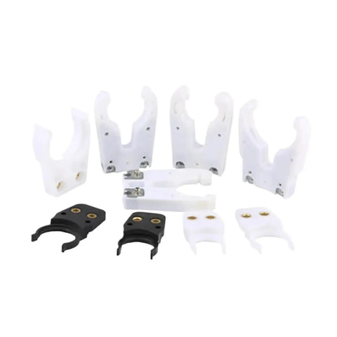 Rock Solid Shop Grade CNC Spindle Tool Holder And Chuck Clamp With Hardened Alloy Steel Lock For High Speed Roughing And Precision Finishing On Any Machine, various sizes in white and black.