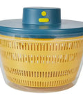 No Sweat Electric Salad Spinner With Single Button Control For Swift Leafy Greens Washing And Thorough Fruit Vegetable Drying Generous Four Liter Capacity, yellow and clear bowl design.