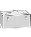 Beefy Stainless Steel Toolbox With Dual Lock Portable Tool Storage Organizer Waterproof Metal Case with handle and dimensions shown