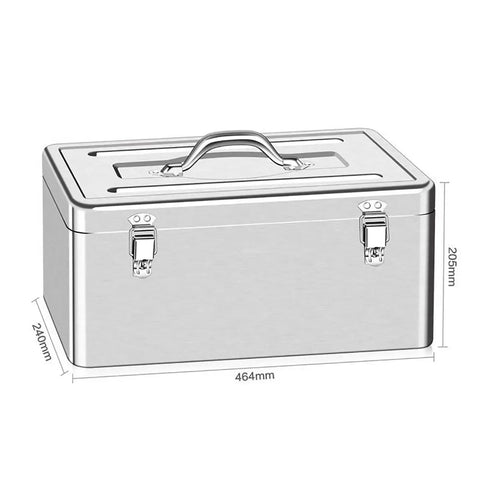 Beefy Stainless Steel Toolbox With Dual Lock Portable Tool Storage Organizer Waterproof Metal Case with handle and dimensions shown