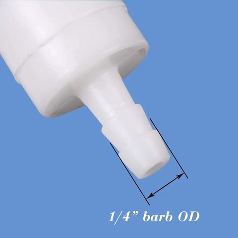 Close-up: Quickun 1/4-inch inline check valve, white plastic hose barb, one-way valve