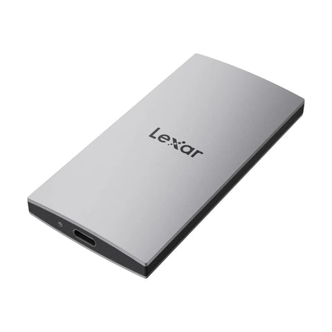 Silver ES3 1TB External SSD Portable USB 3.2 Gen 2 Drive with Lexar logo, showing USB-C port for fast read and write speeds