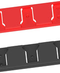 Red and black three slot 18V battery holder mount for workshop garage van shelf and toolbox organization keeps 18V batteries ready to grab