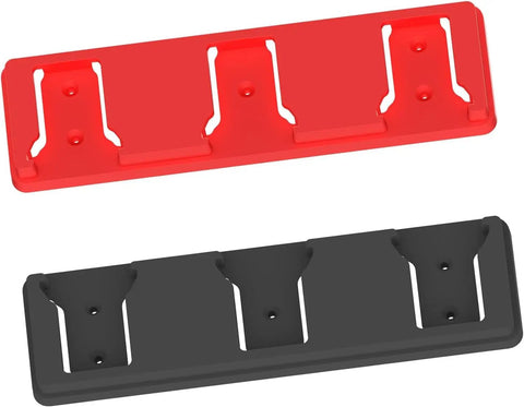 Red and black three slot 18V battery holder mount for workshop garage van shelf and toolbox organization keeps 18V batteries ready to grab