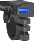 Drop It On Any Handlebar Mount Motorcycle USB Charger With 30W PD Dual Port Quick Charge for Phones Tablets GPS and Cameras, close-up view.