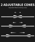 Illustration of adjustable cones on beefy motorcycle wheel balancer stand for static and dynamic tire balancing on most motorcycles.