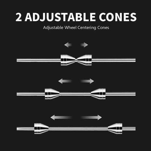 Illustration of adjustable cones on beefy motorcycle wheel balancer stand for static and dynamic tire balancing on most motorcycles.