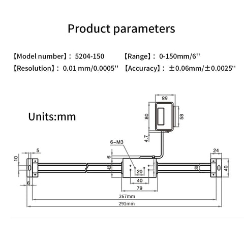 Accurate Digital Readout Lathe Scale For Milling Machines 0-150mm 0-6in With Remote LCD Display diagram and specifications.