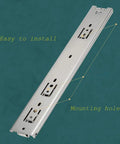 Beefed Up Heavy Duty Soft Close Drawer Slides With Lock and mounting holes, shown with easy installation guide.