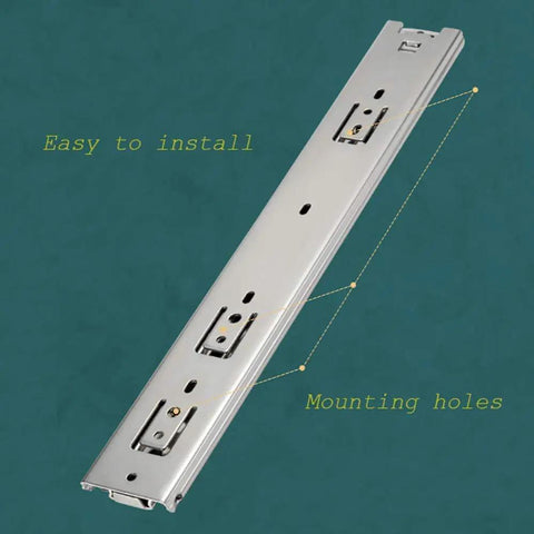 Beefed Up Heavy Duty Soft Close Drawer Slides With Lock and mounting holes, shown with easy installation guide.