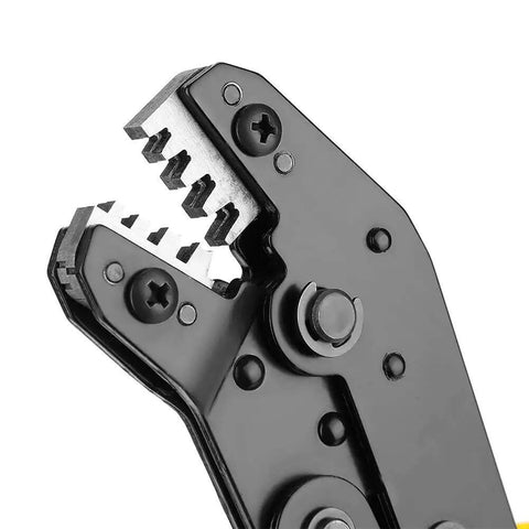 Close-up of Ergonomic Chrome Vanadium Steel Crimp Plier with PVC Handle highlighting crimping jaws for AWG 28-18 terminals.