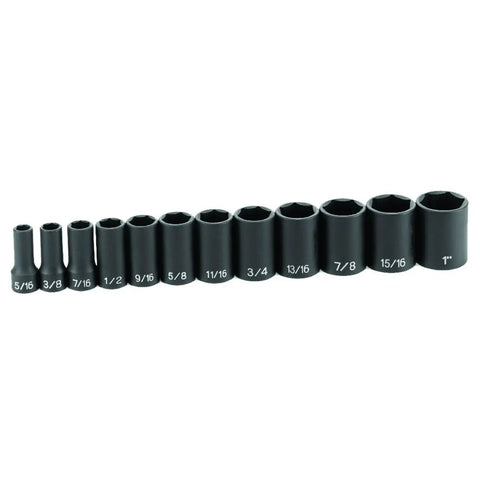 12 Piece Beefy Three Eighth Inch Drive Semi Deep Standard Socket Set In Blow Molded Case With Sizes From Five Sixteenths To One Inch Durable Taiwan Made Build Lifetime Warranty Ideal For DIY And Pro Mechanics lineup of sockets