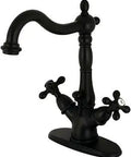 Heritage Two Handle Bathroom Faucet With Brass Pop Up Drain And Cover Plate In Matte Black Four Inch Centerset Three Hole Install
