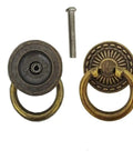 Antique Bronze Ring Pull Knob Set For Cabinets And Dressers, Vintage Drawer Pulls With Screws, Retro Hardware, front and back view.