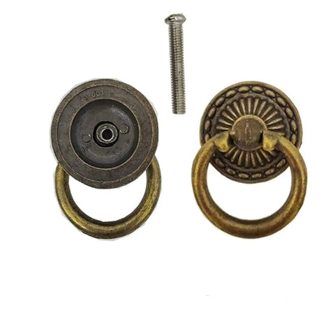 Antique Bronze Ring Pull Knob Set For Cabinets And Dressers, Vintage Drawer Pulls With Screws, Retro Hardware, front and back view.