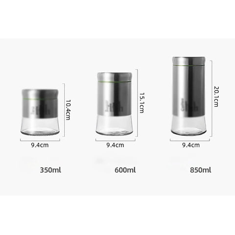 600 Milliliter Airtight Glass Coffee Storage Jar With Stainless Steel Lid displayed among jars of different sizes and dimensions.