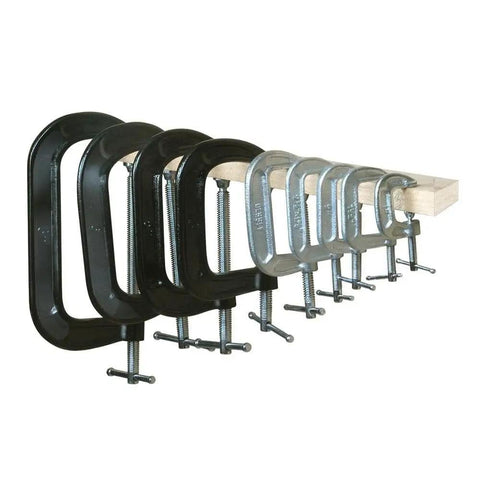 Drop Forged C Clamp 5 Inch Heavy Duty Clamp For DIY Projects With Swivel Pad Cold Drawn Steel Spindle Smooth Rolled Threads And Steel Sliding T Bar Built For Tight Spaces And Light General Purpose Clamping Black, stacked on wood