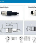 M12 4 Pin A Coded Aviation Connector Cable diagram showing straight male and female connectors for sensor and actuator devices.