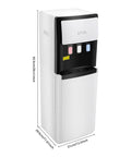 Bottom Loading Water Dispenser With Heating And Cooling Three Temperature Settings 500 Watt And 75 Watt Power Delivers 1.32 Gal Per Hour Hot Water Energy Efficient Home And Office Cooler White with dimensions shown