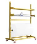Heavy Duty Bubble Wrap Roll Dispenser With Quick Snap Cutter And Wall Mount Rack For Hassle Free Packing Moving Shipping Foam And Stretch Film Organization Daily, featuring sturdy yellow steel frame and rolling caster wheels.