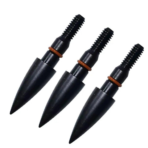 100 Grain Field Points For Archery - 5/16 Inch Steel Screw In Tips, CNC crafted, shown in a set of three for target practice.