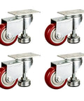 Heavy Duty Two Inch Leveling Plate Caster Wheels With Adjustable Anti Vibration Pads For Furniture, featuring red poly treads and steel bases.