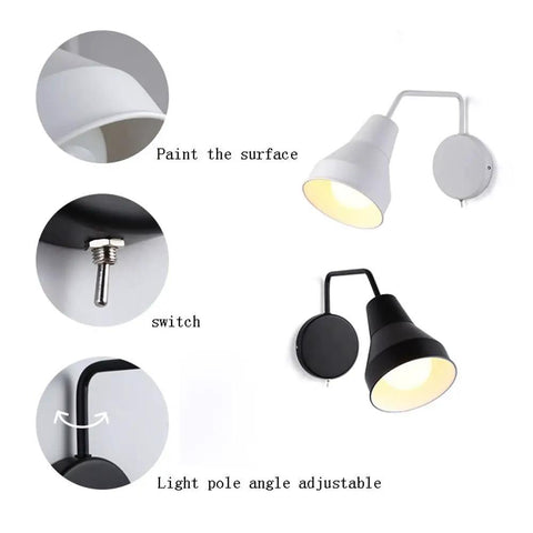 Modern Iron Shade Angle Adjustable Wall Sconces Comes with Switch Easy Wall Light for Study Bedroom Living Room Wall Lighting Fixture Modern Chandeliers (Black) with adjustable light pole.