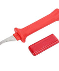 Premium 33HS High Carbon Steel Curved Blade Cable Stripping Knife With Ergonomic Insulated Handle And Protective Scabbard in red.