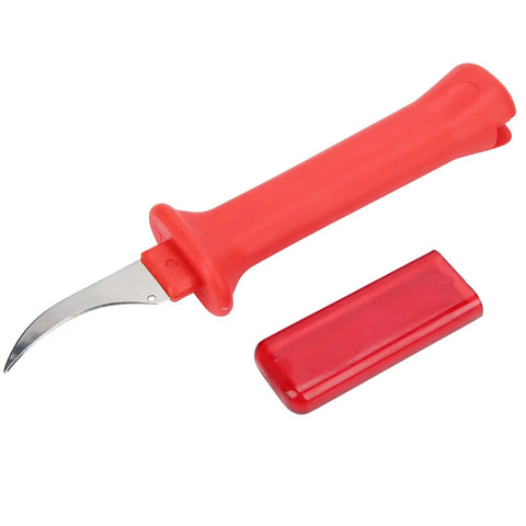 Premium 33HS High Carbon Steel Curved Blade Cable Stripping Knife With Ergonomic Insulated Handle And Protective Scabbard in red.