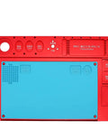 Naturally Rock Solid Microscope Stand With Tight Grip Stainless Steel Bracket And Beefy Aluminum Alloy Phone Repair Workpad Black Pro Level Tech Rig Platform, red and blue workpad with tool slots, 170mm x 260mm.