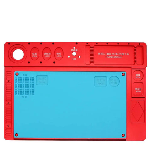 Naturally Rock Solid Microscope Stand With Tight Grip Stainless Steel Bracket And Beefy Aluminum Alloy Phone Repair Workpad Black Pro Level Tech Rig Platform, red and blue workpad with tool slots, 170mm x 260mm.