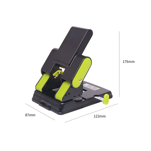 2 Hole Paper Punch With Adjustable 70Mm Or 80Mm Spacing And 6Mm Hole, punches up to 70 sheets, black and green design, shown from side angle.
