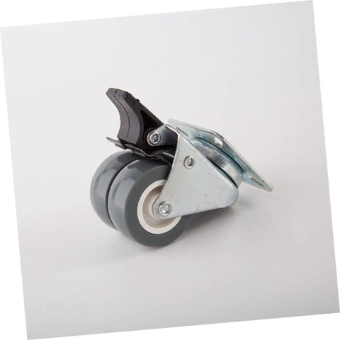 Built Tough Heavy Duty Twin Caster Wheels With Locking Brake 360 Degree Swiveling Premium Furniture Rollers For Cart Workbench Buttery Smooth Glide close-up of dual rubber wheels and mounting plate