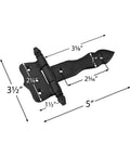 Diagram of 5 Inch Black Wrought Iron Antique Style Barn Door Hinge with dimensions, flush mount cast iron for sheds, gates, and cabinets.