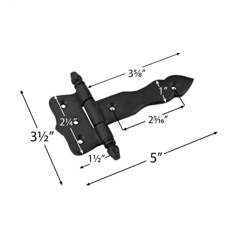 Diagram of 5 Inch Black Wrought Iron Antique Style Barn Door Hinge with dimensions, flush mount cast iron for sheds, gates, and cabinets.