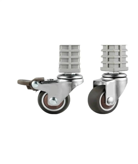 Close-up of Four Pack 1.5 Inch Furniture Square Tube Caster Wheels Set With Stainless Steel Silent Brakes For Universal Racks Sizes 19 22 25 Stem