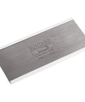 Five Inch Cabinet Scraper For Fine Woodworking, stainless steel blade with white edge guard, ideal for smoothing hardwood.