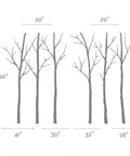 Winter Tree Wall Decals Black 96 Inch Tall Tree Silhouette Set Matte Vinyl Modern Nature Wall Art For Quick DIY Room Makeover Separate Pieces For Easy Custom Layout Made In USA showing six tree silhouettes with measurements for easy layout.
