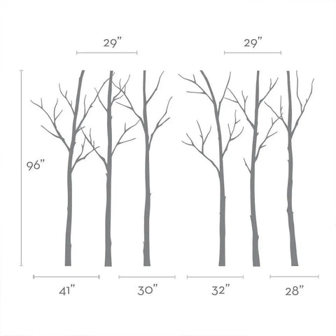 Winter Tree Wall Decals Black 96 Inch Tall Tree Silhouette Set Matte Vinyl Modern Nature Wall Art For Quick DIY Room Makeover Separate Pieces For Easy Custom Layout Made In USA showing six tree silhouettes with measurements for easy layout.