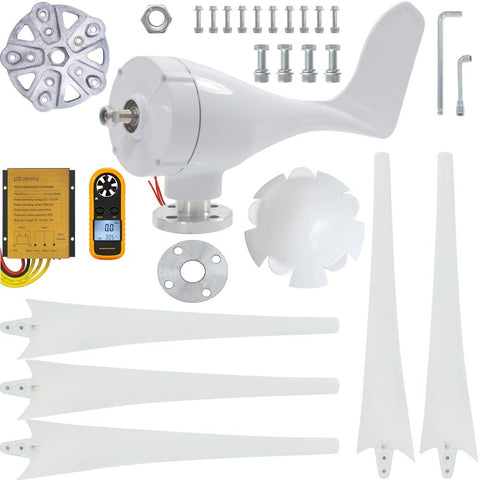 400W 12V Wind Turbine Kit With Five Blades And Charge Controller For Marine RV Or Home Use components displayed