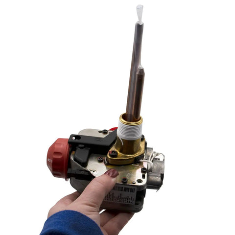Gas Control Thermostat for Water Heater LP Propane Replacement Valve with AP16313 Pilot Adapter in hand against white background