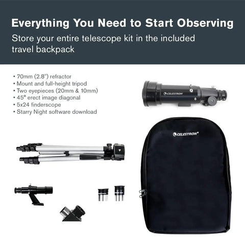 Travel Scope 70mm Beginner Portable Telescope With Backpack For Easy Stargazing On The Go, Crisp Moon And Planet Views, Lightweight Travel Ready, Fully Coated Glass Lenses, The Perfect First Telescope For Newbies. Telescope kit with 70mm refractor, tripod, eyepieces and backpack.