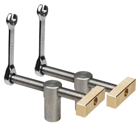 Heavy Duty Woodworking Workbench With Integrated Screw And Accessory Fixing System For DIY Pros clamps and wrenches detail.