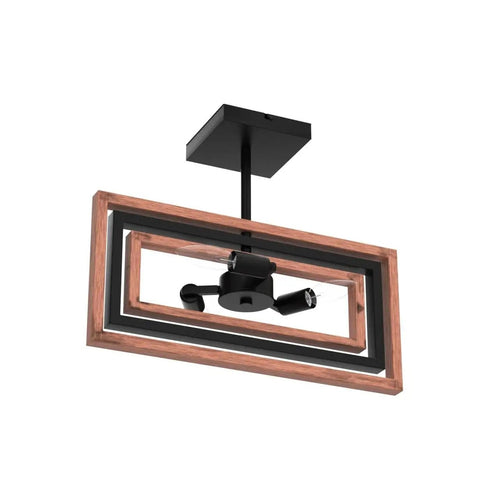 Dope Industrial Rectangle Flush Mount Ceiling Light With Rotatable Metal Frame In Rustic Faux Wood Finish shown at an angle