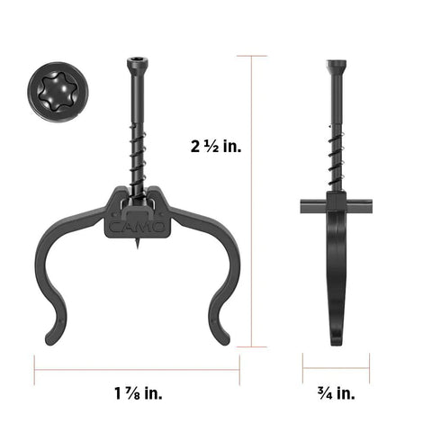 Bulletproof Edge Clip Hidden Deck Fasteners For 90 Degree Grooved Wood Composite And PVC Boards One Pass No Hassle Install With Never Miss Guide Sleeve 90 Count Matte Black shown with detailed measurements.